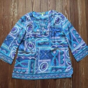 Sigrid Olsen V Neck 3/4 Sleeve Silk Top Beaded 60s Inspired Mod Purple Large